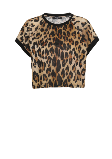 T-shirt corta in lino con stampa leopardata