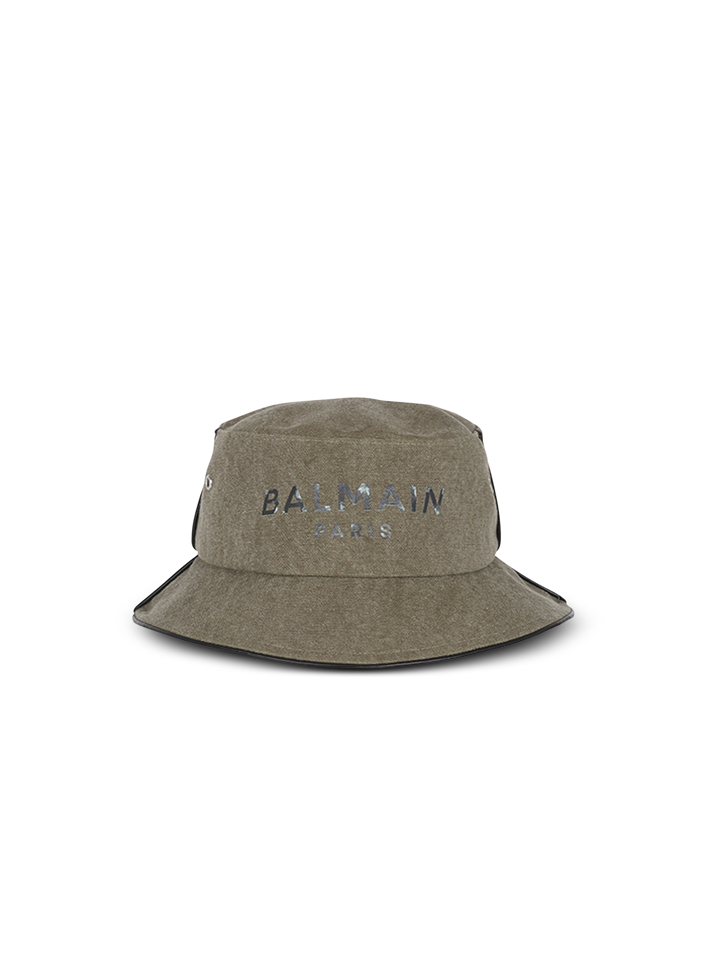 Cotton canvas bucket hat with Balmain Paris logo, kaki