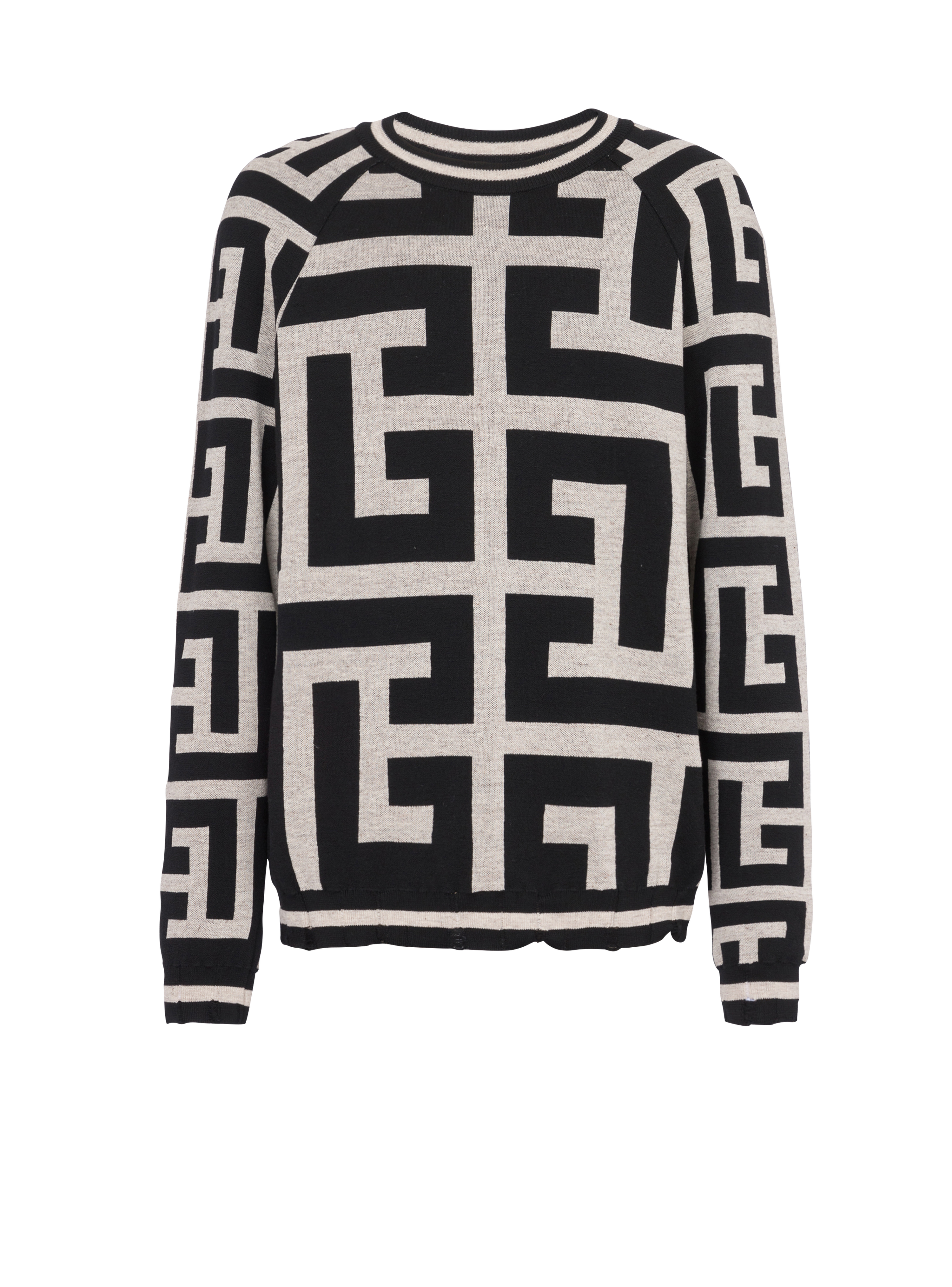 Pullover in lana con maxi monogramma Balmain, nero