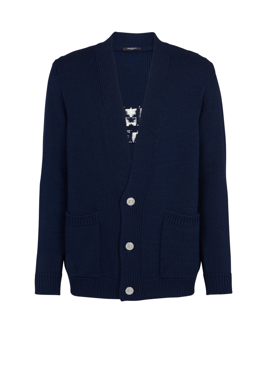 Cardigan in maglia con logo Balmain Paris, blu, hi-res
