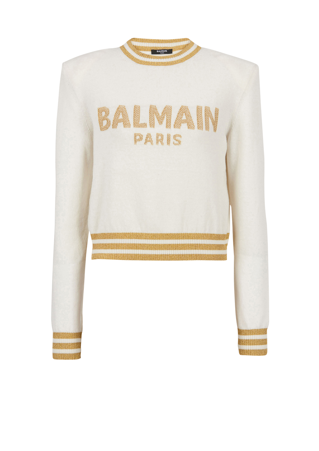 Felpa corta in lana con logo Balmain, beige, hi-res