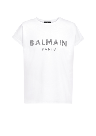 T-shirt in cotone con logo Balmain in strass