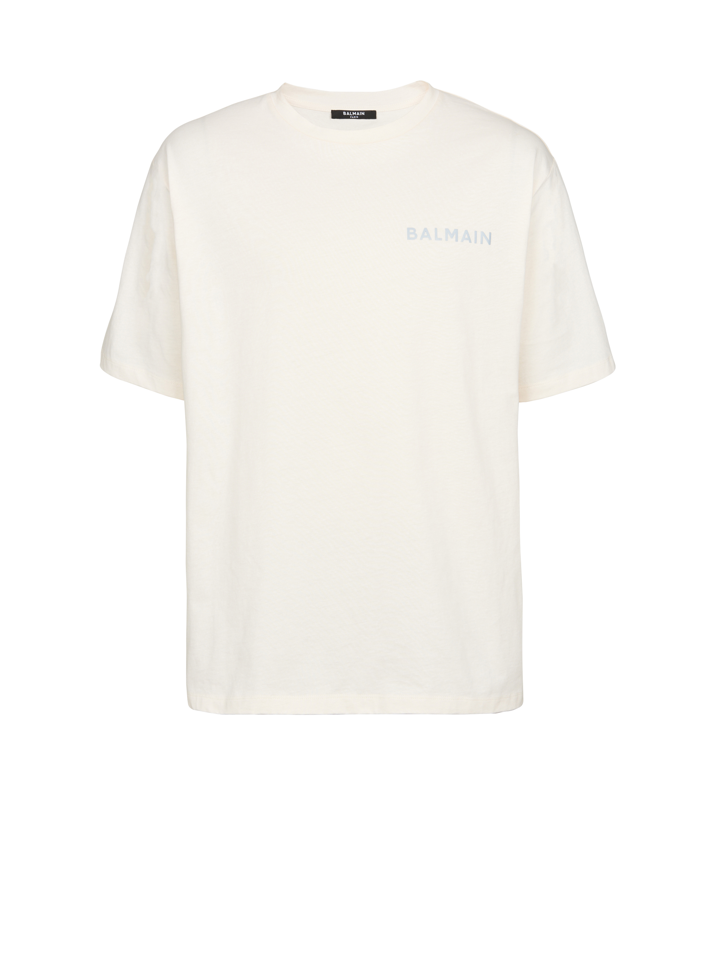 T-shirt in cotone con logo piccolo Balmain Paris stampato, beige