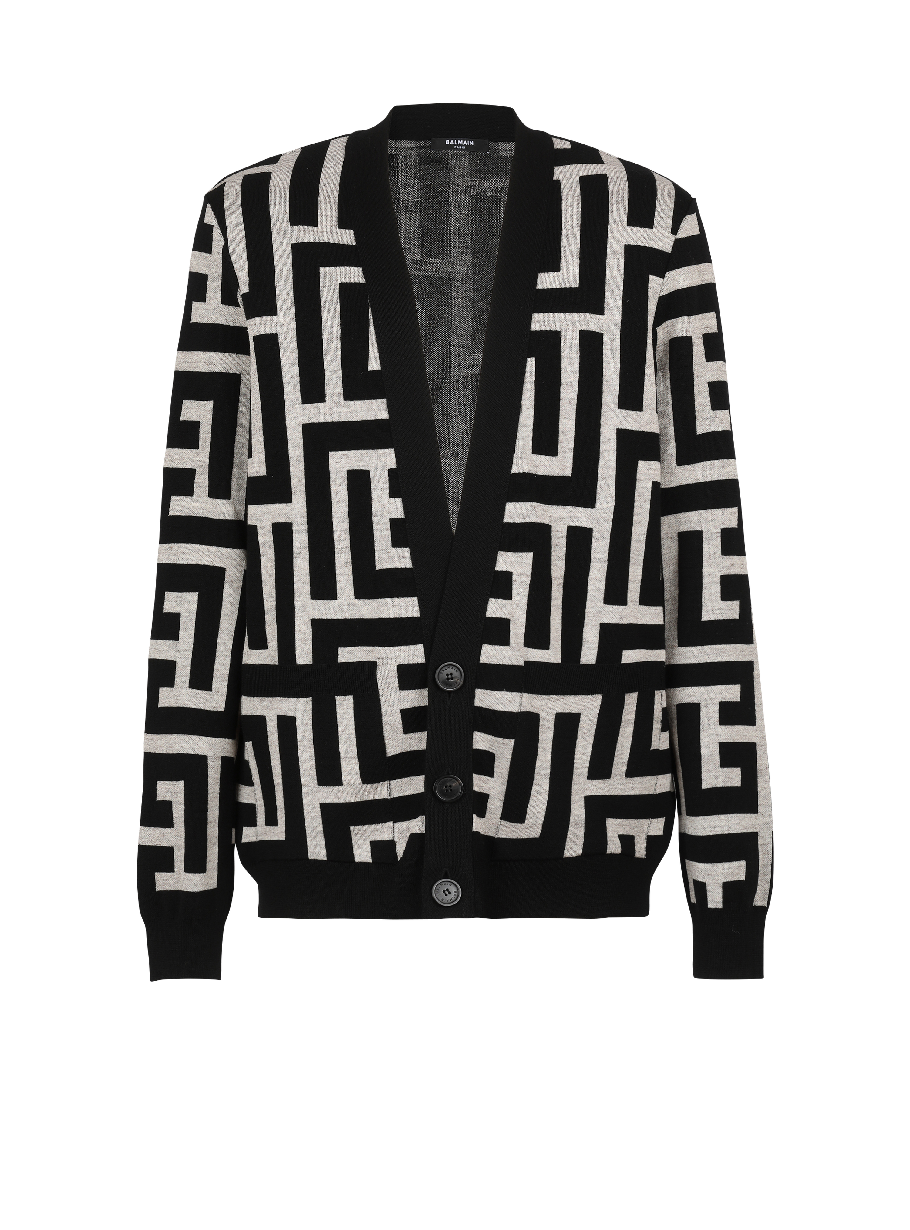 Cardigan oversize in lana con maxi monogramma Balmain, nero