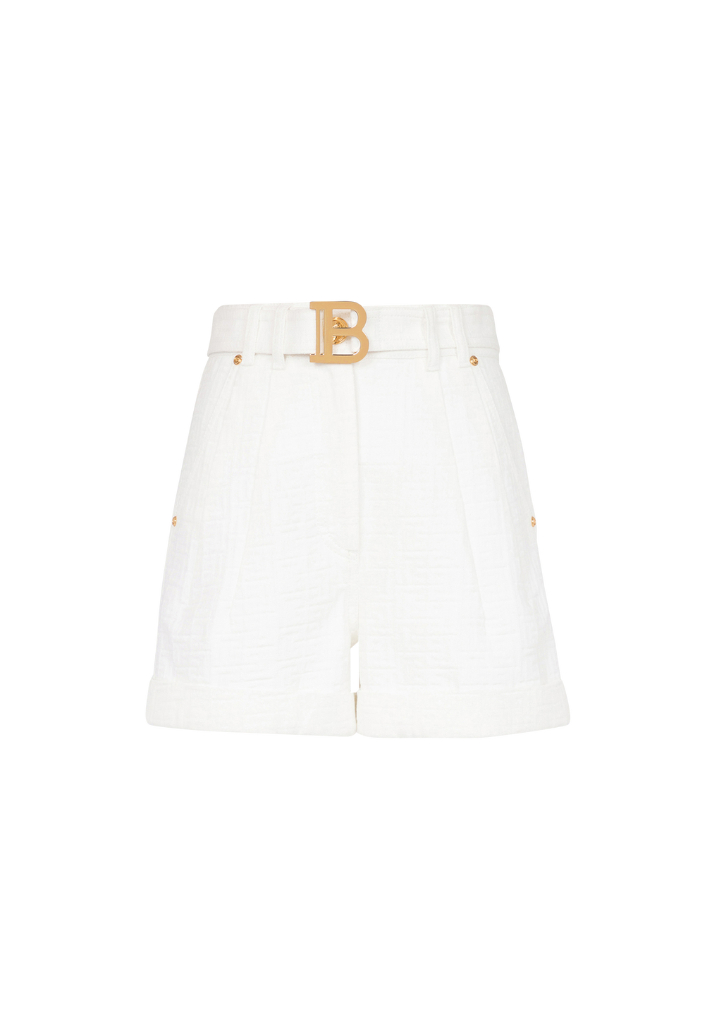Shorts in denim a vita alta con cintura Balmain, bianco, hi-res