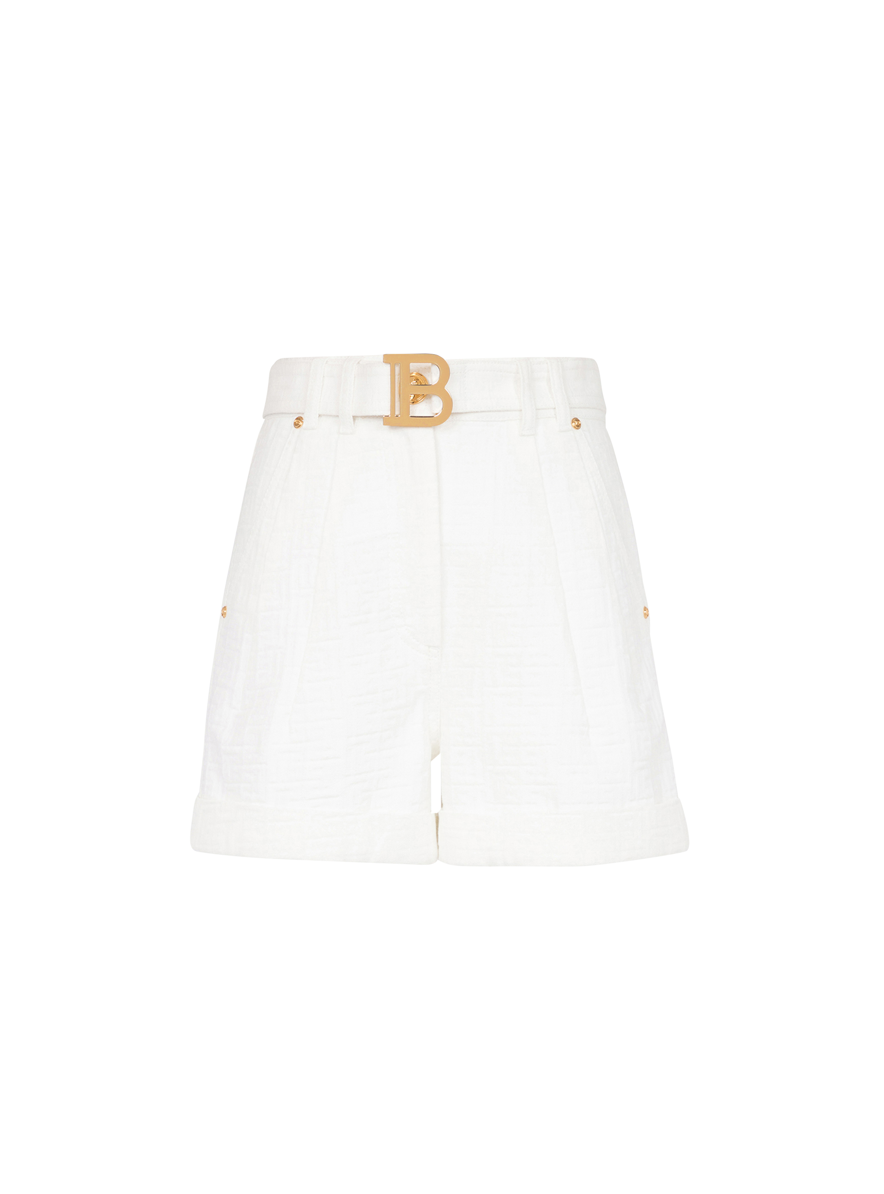 Shorts in denim a vita alta con cintura Balmain, bianco
