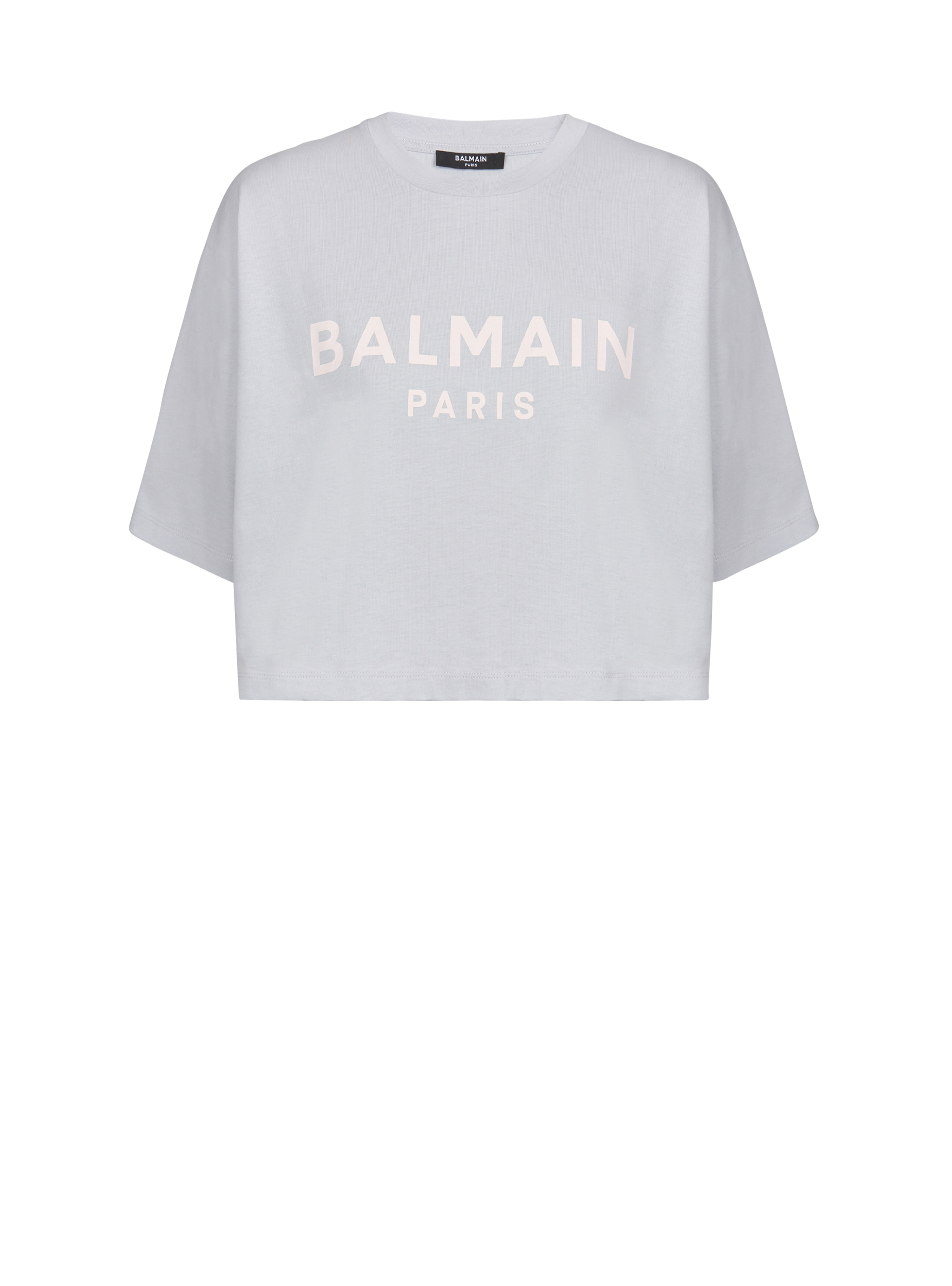T-shirt corta in cotone con logo Balmain stampato, blu