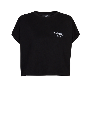 T-shirt corta in cotone con piccolo logo Balmain graffiti floccato