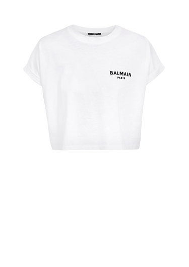 T-shirt corta in cotone con piccolo logo Balmain floccato