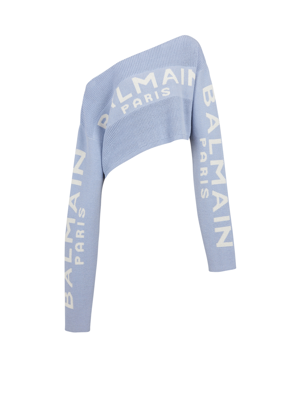 Pullover corto in maglia con logo Balmain graffiti, blu, hi-res