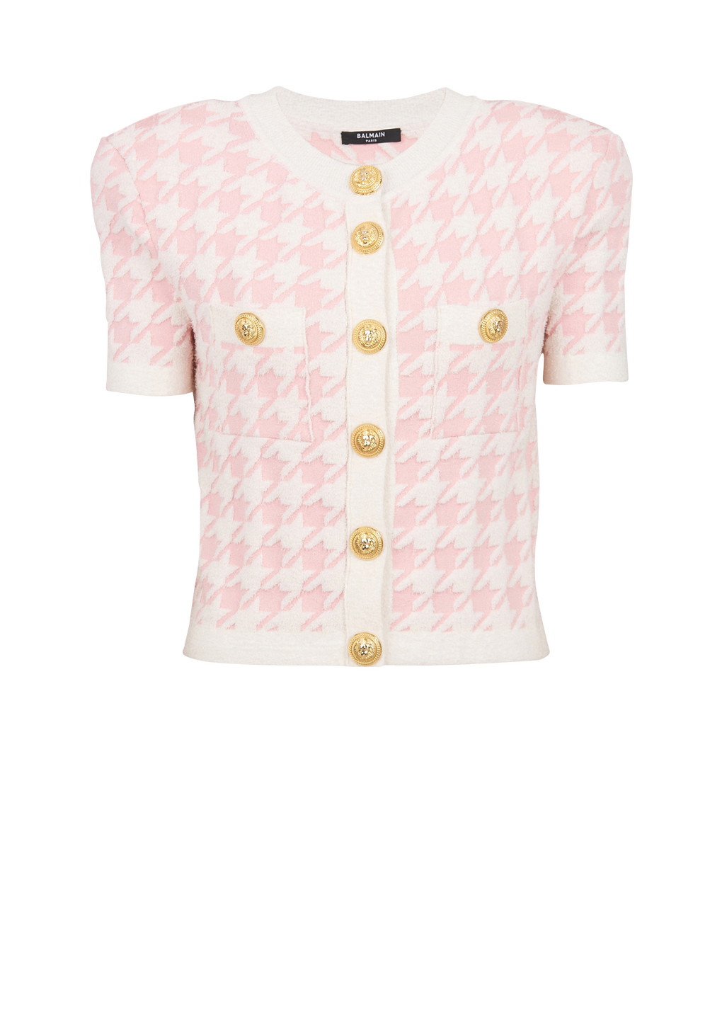 Cardigan corto in maglia con stampa pied-de-poule, rosa, hi-res