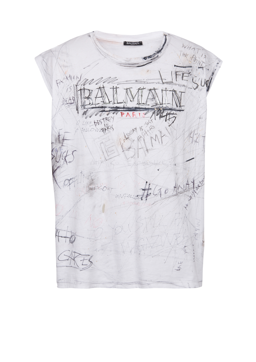 T-shirt vintage con logo Balmain graffiti, bianco, hi-res