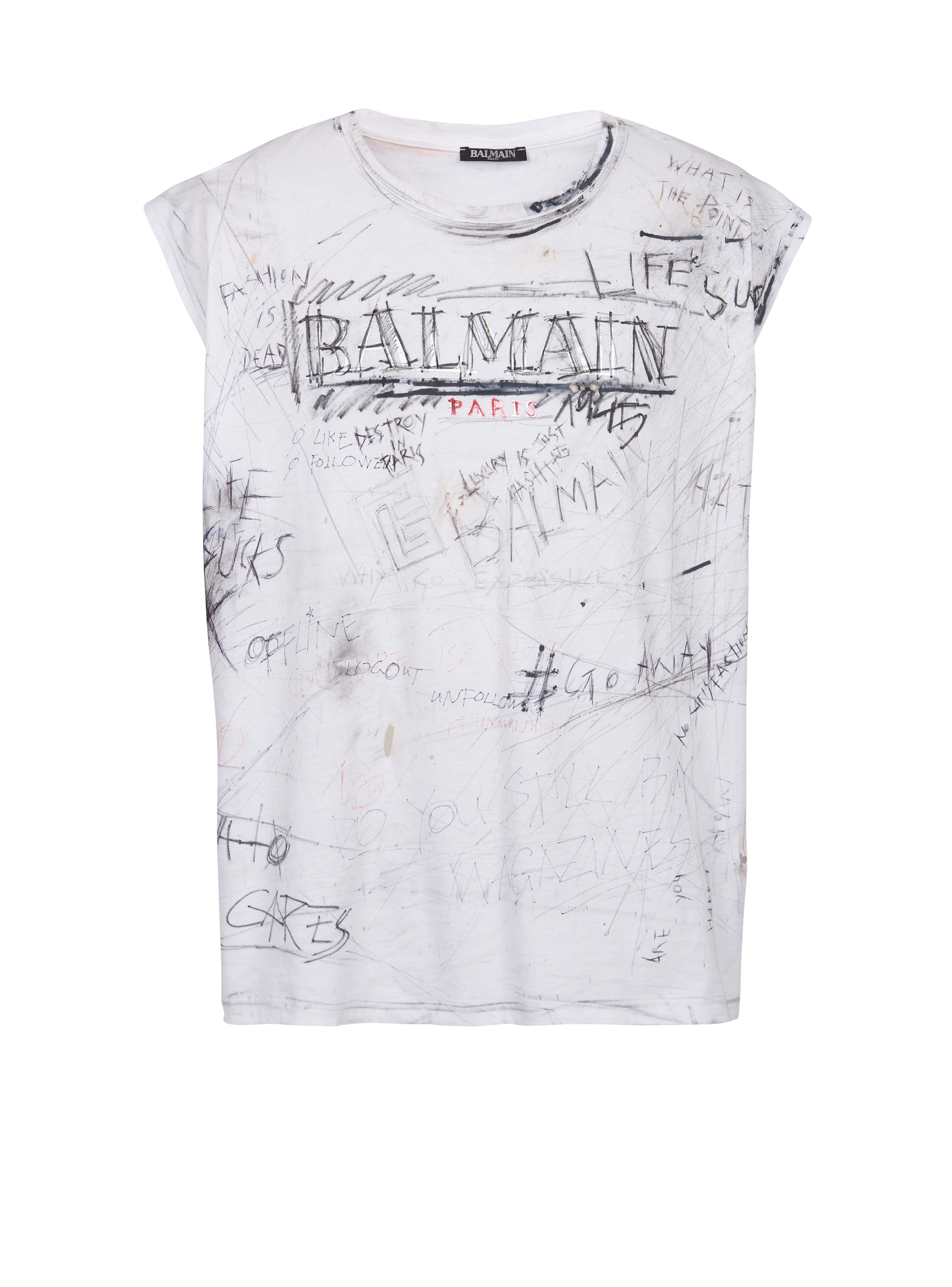 T-shirt vintage con logo Balmain graffiti, bianco