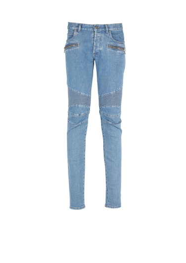 Jeans slim in cotone con inserti a coste e monogramma Balmain sull’orlo
