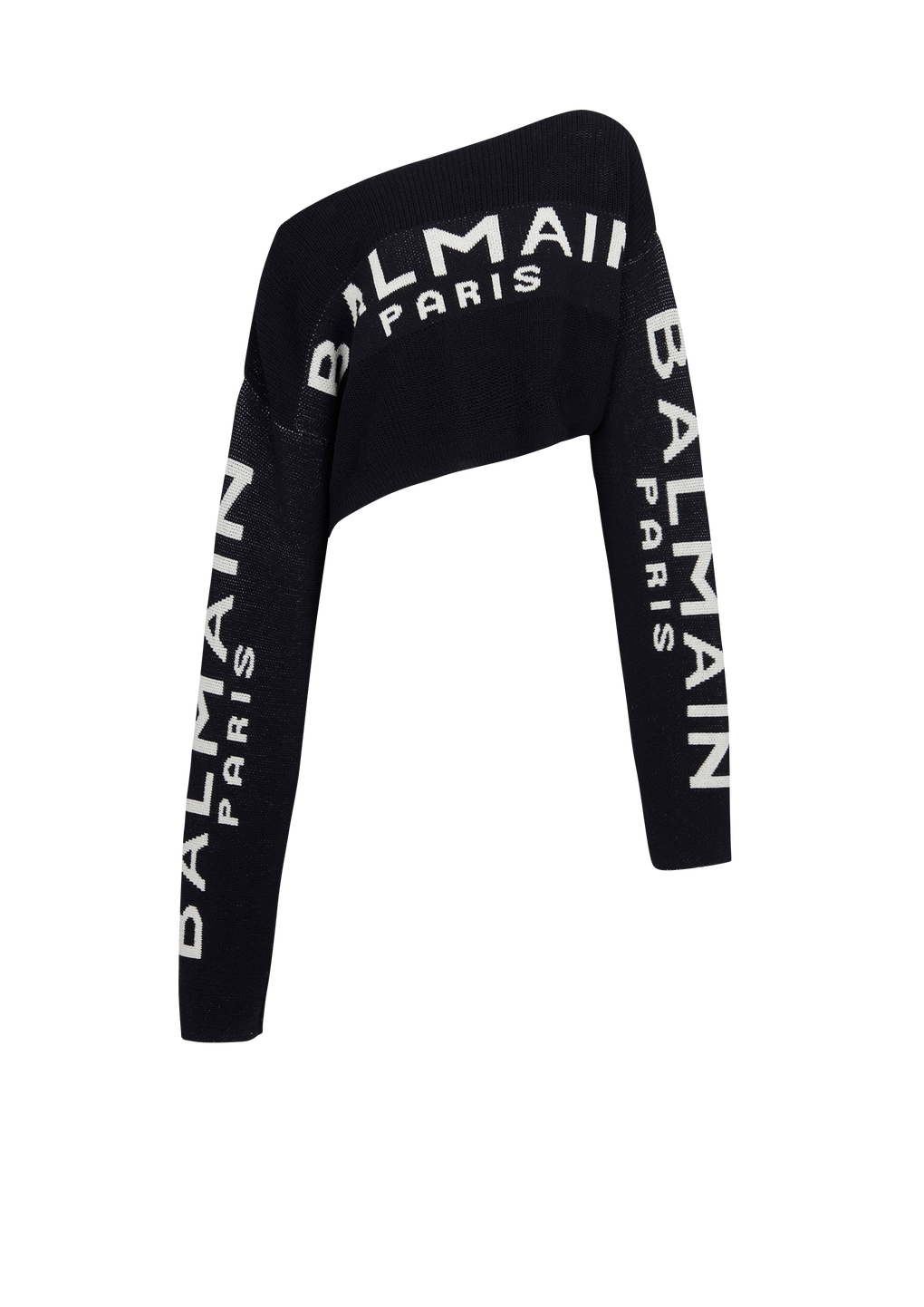 Pullover corto in maglia con logo Balmain graffiti, nero, hi-res