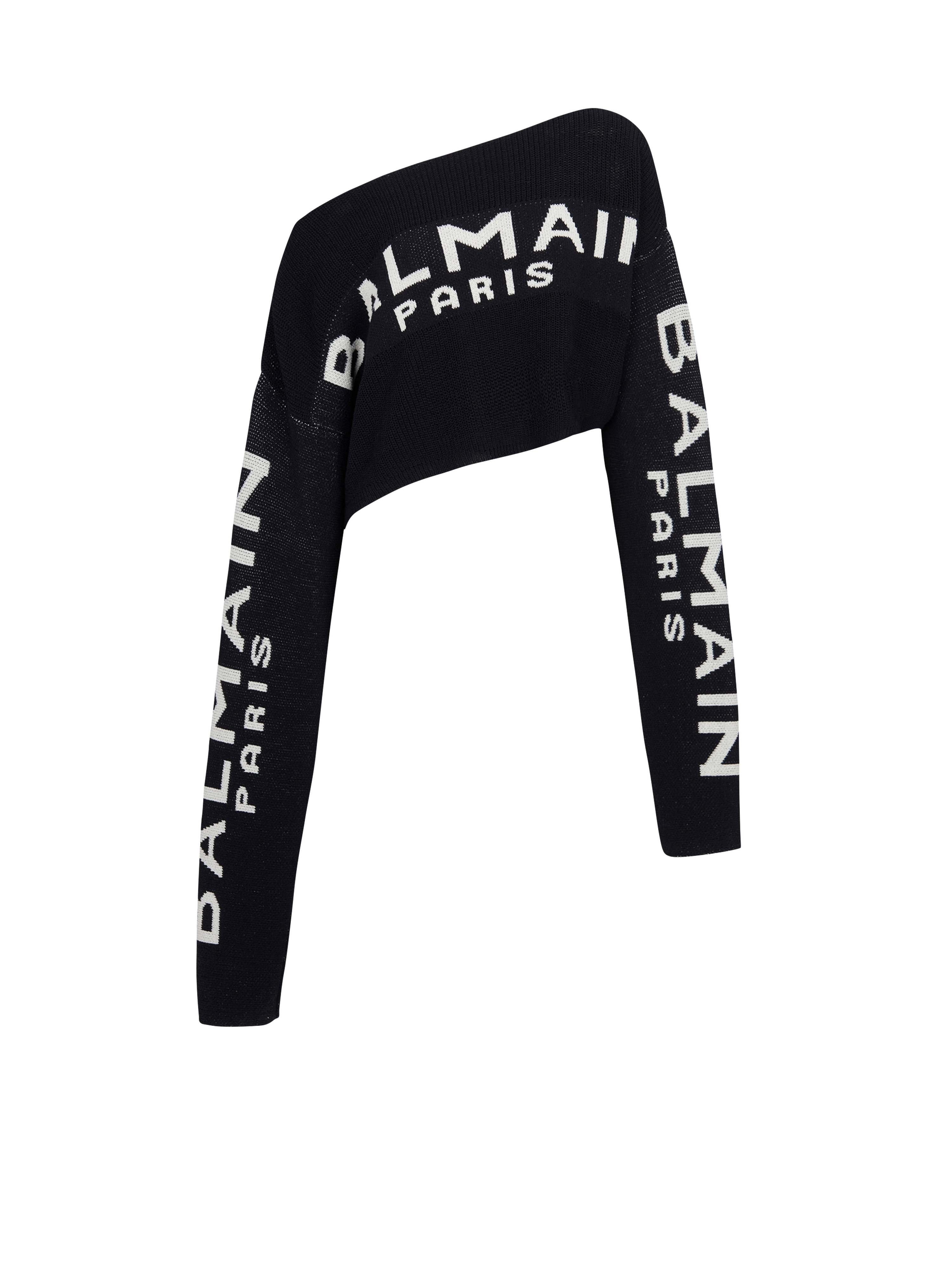Pullover corto in maglia con logo Balmain graffiti, nero