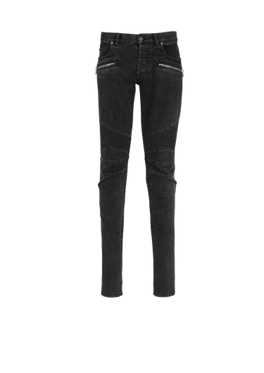 Jeans slim in cotone delavé con inserti a coste e monogramma Balmain sull’orlo